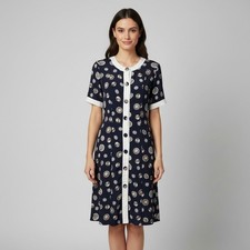 Vintage J.D. Brown Allover Print Button Down Dress Womens Size Small Navy Blue