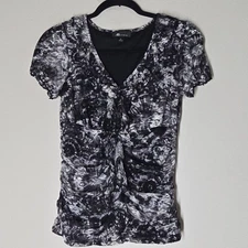 AB Studio Womens Ruched Floral Print Blouse Ruffle Lace Overlay Size M V-Neck