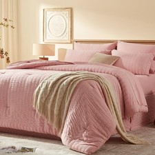 Queen Comforter Set 7 Pieces, Pink Seersucker Bed in a Queen-7 Pieces 01 - Pink