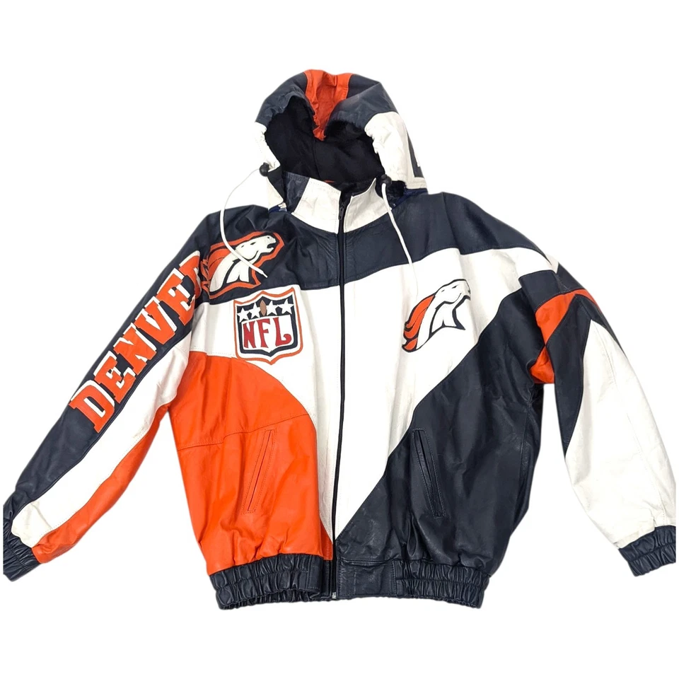 Chaqueta de Cuero Bootleg Vintage Años 90 Denver Broncos Para Hombres XL Naranja Azul Fútbol Foto 2 de 4