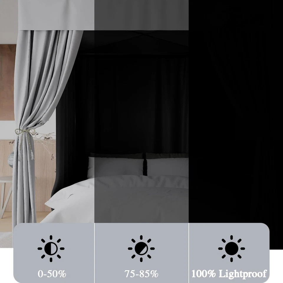 Cortinas de cama negras con dosel Queen a prueba de luz 4 cortinas de poste de esquina transpirables fáciles Foto 2 de 4
