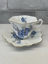 VTG Bone China Teacup Saucer Blue Floral Gold Trim Crown Mark England Scalloped