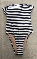 J Crew Cross-back Bandeau Swimsuit Classic Navy Stripe Strapless Sz 10 *READ