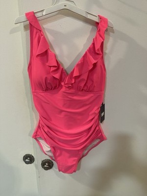DKNY Pink Solid Ruffle Mesh Wide Strap One-Piece Swimsuit B Cup Women's 10