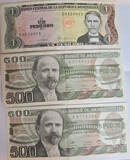 Currency Lot-2x1984 Mexico 500 Pesos Banknote + Dominican Republic 1 Peso Note
