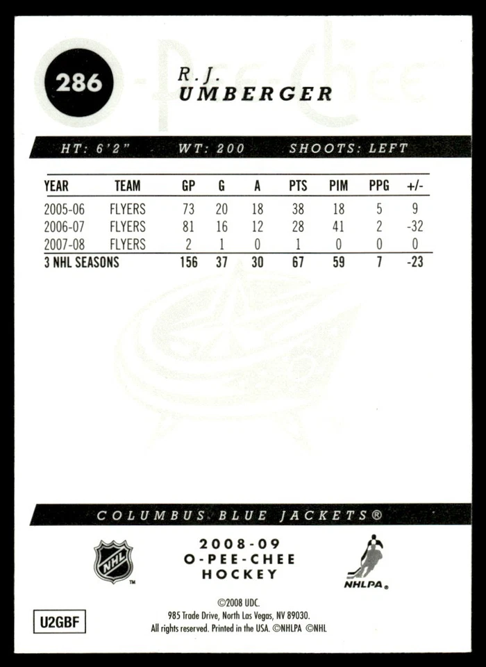 2008-09 O-Pee-Chee Gold R.J. Umberger Columbus Blue Jackets #286 - Image 2 of 2