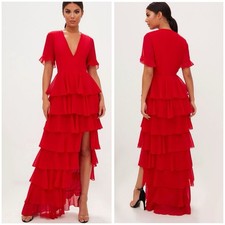 PrettyLittleThing Red Chiffon Ruffle Layer Maxi Dress | Size 6