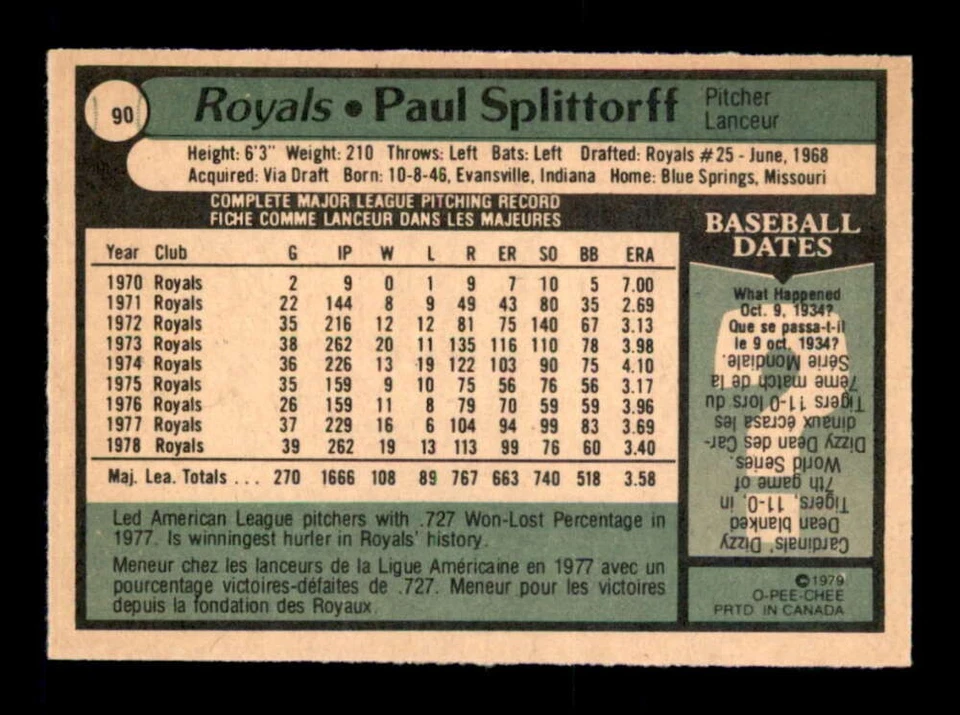 1979 O-Pee-Chee #90 Paul Splittorff   NM/NM+ X3588873 - Image 2 of 3