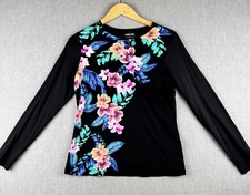 Lands End Rash Guard Swim Top Small 6-8 Black Floral Long Sleeve UPF Sun Protect