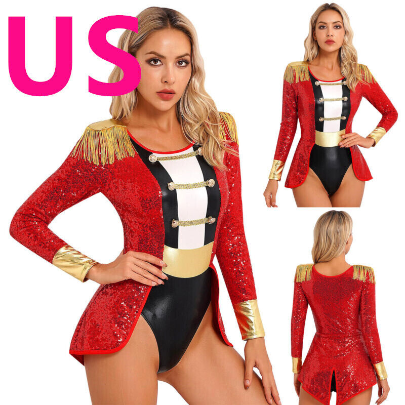 US Women Circus Ringmaster Tailcoat Bodysuit Halloween Party Costume Stage Show