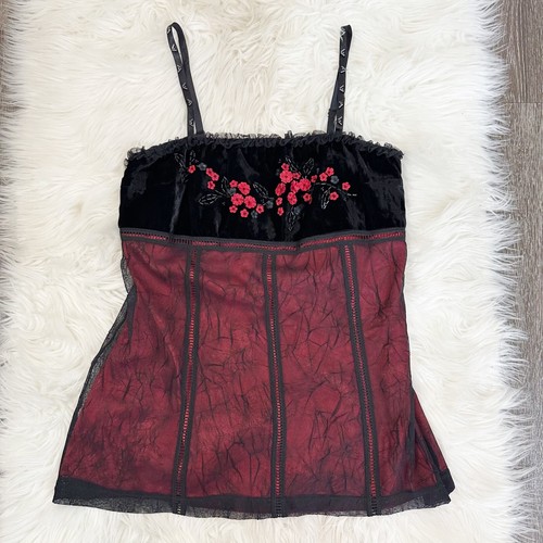 Vintage Sue Wong Babydoll Vamp Tank Sz Small Mesh Velvet Dark Floral Whimsigoth