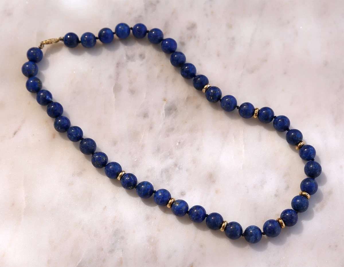10 MM Lapis Lazuli Beads Necklace 14K Gold beads and Clasp