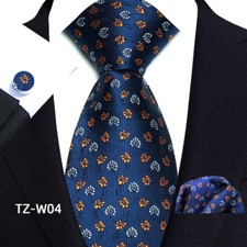 Classic Polka Dot Blue Orange Jacquard Silk Men's Tie Necktie Hanky Cufflink Set