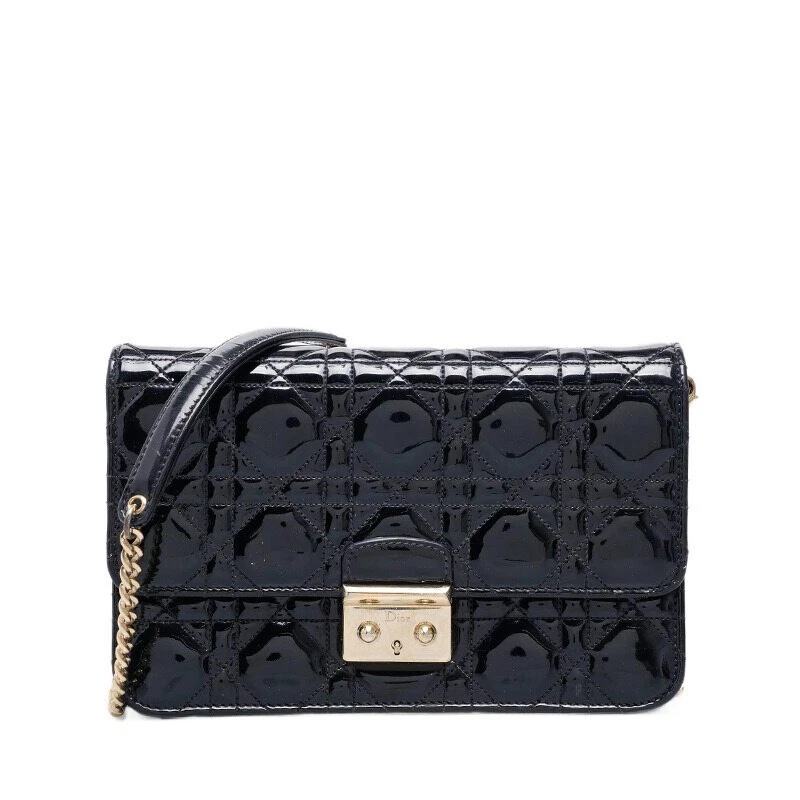 Mini sac bandoulière Christian Dior noir breveté Miss Dior chaîne WOC