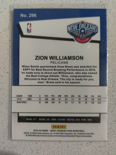 ZION WILLIAMSON 2019-20 2020 NBA HOOPS PREMIUM STOCK Base Rookie RC #296 - Photo 2/2