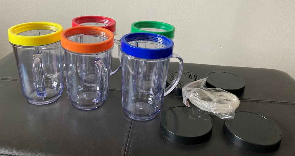 Magic Bullet replacement cups set multi color Black Lids 6 Cups 2 Lids 4 Rings  - Image 3 of 4