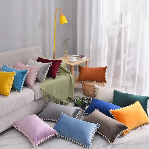 US 12X20" White Pom Poms Velvet Soft Cushion Cover Throw Pillow Case Sofa Decor - Bild 1 von 26