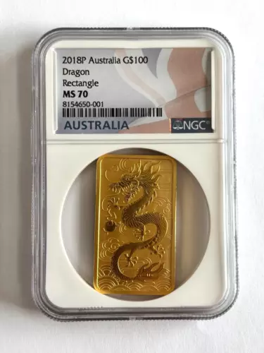 2018 P Australia 1 oz Gold Lunar Year of the Dragon Rectangle Bar $100 NGC MS 70