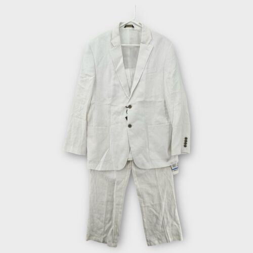 Tasso Elba Island Suit Jacket Pants Set XL 36x32 White 100% Linen Coat Blazer