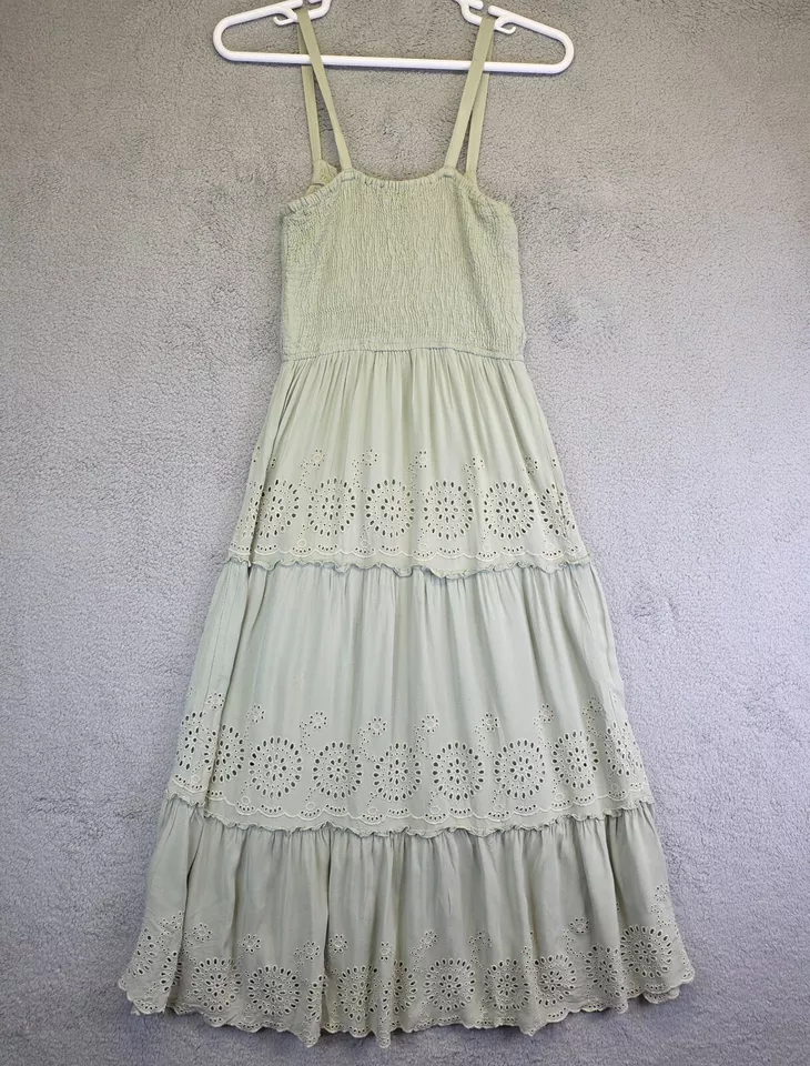 Vestido Jessica Simpson Para Mujer M Verde En Niveles Cottagecore Calado Boho Maxi Ojales Foto 3 de 4