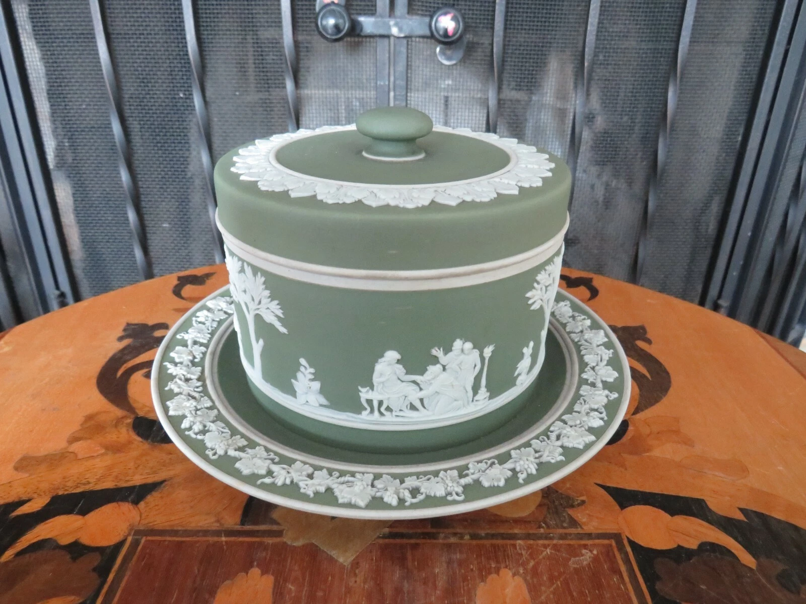 Wedgwood Green Jasperware Butter Dish Preserve Pot Cover & Underplate (c.1890s)