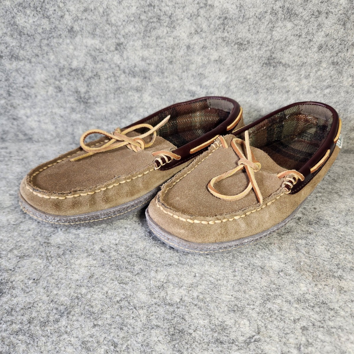 LL Bean Mens Size 8 Hand Sewn Flannel Lined Slippers Brown 