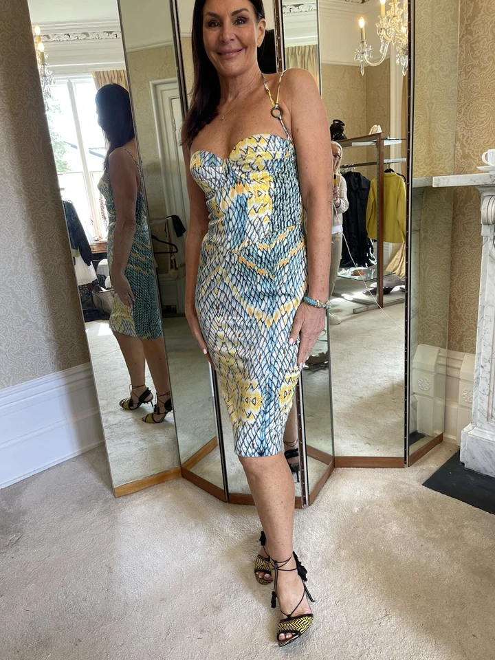 Vestido JUST CAVALLI IT 46 UK 14 Corto Azul Amarillo Satinado Piel de Serpiente Estampado Tirantes Foto 4 de 4