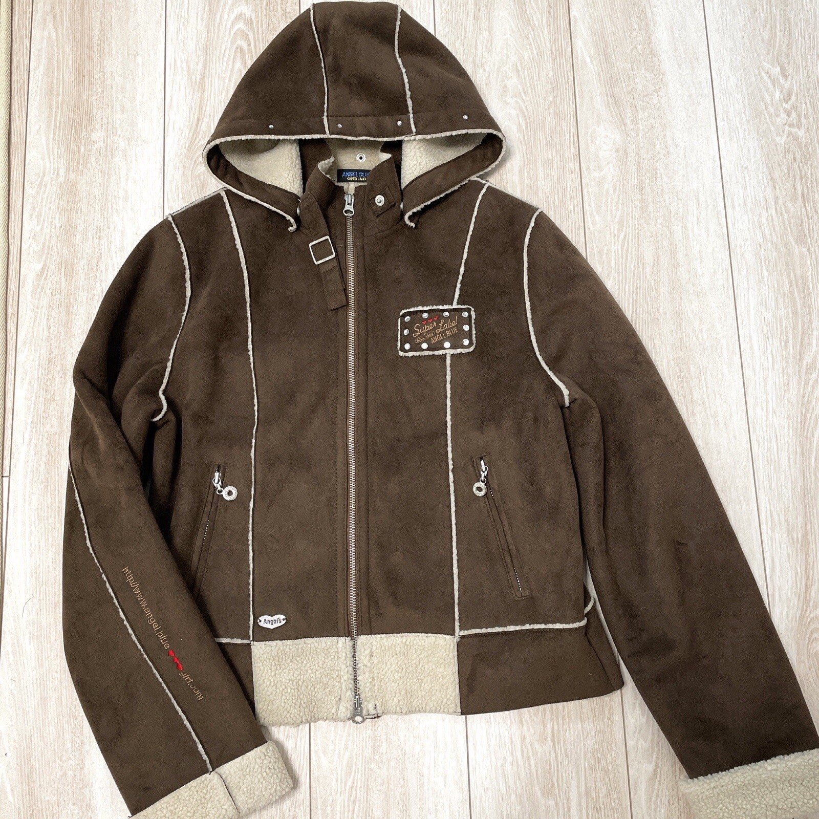 Angel Blue Japan Embroidered Shearling Jacket Coat Rhinestone Y2K Grunge 00s