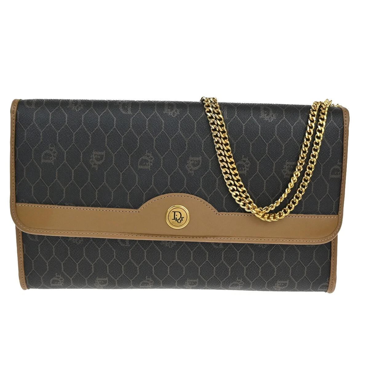 CHRISTIAN DIOR Logos Nid d'abeille Chaîne Sac Bandoulière PVC Cuir Marron Or 32FB557