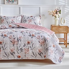 Floral Quilt Set 3 Pieces Queen Size Beige Gray with Pink Lily Flower Botanic...