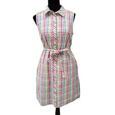 Tommy Hilfiger Dress 8 Bright Colorful Plaid Shirt Belted Sleeveless Cotton