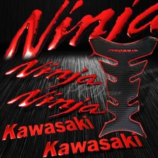 Chrome Red Pro Fuel Tank Pad+5.75"Kawasaki Logo Emblem+Ninja Fender Stickers Kit