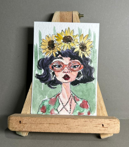 ACEO Original Watercolor Painting OOAK Sunflower Boho Girl Glasses Miniature