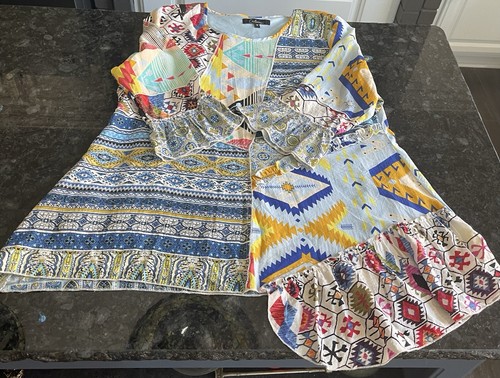Calessa Top 1x Aztec Geometric Asymmetrical Hem Bell Sleeve Boho Artsy Festival - Picture 12 of 22