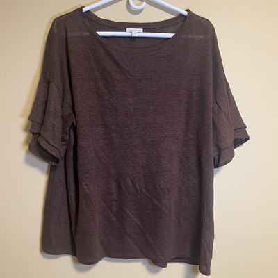 J Jill Love Linen Chocolate Brown Scoop Neck Double Ruffle Sleeve Top Sz Large