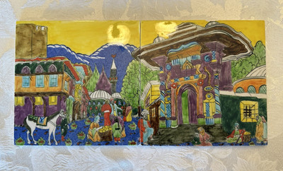Vintage, Rare, H.P. Turkish Village Islamic Two Tile Panel, 8'' x 16'' Ceramic