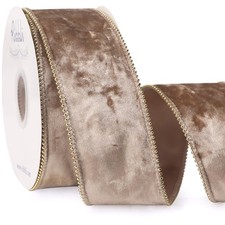 Camel Crushed Velvet Wired Ribbon with Beaded Pearl Edge, 2-1/2 Inch 10-Yard ...