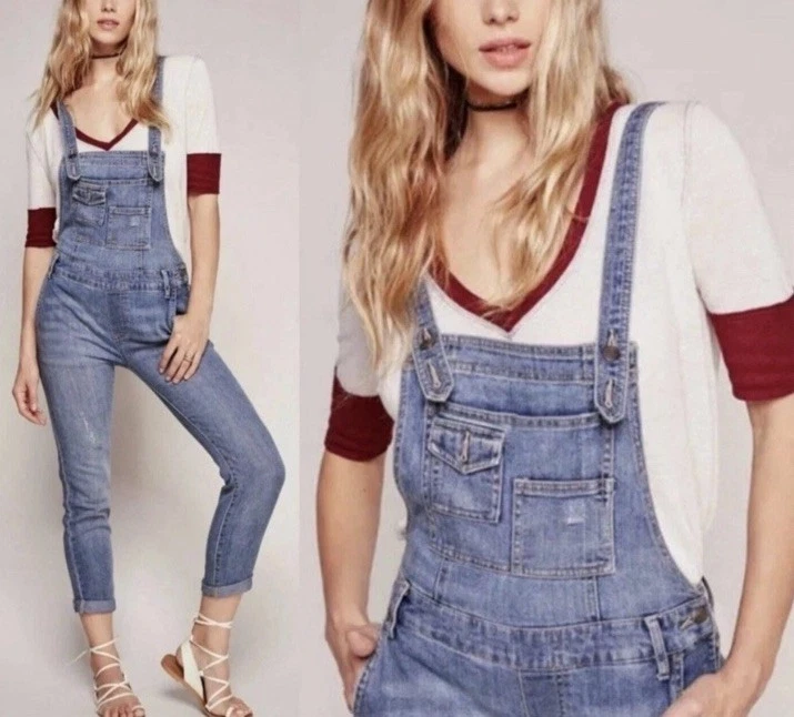 We the Free People Women Sz 27 Bib Overalls Distressed Sloughy Denim Blue Boho