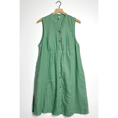 #ad KLEEN Sleeveless Linen Button Front Dress Knee Length Green size Medium $34.95