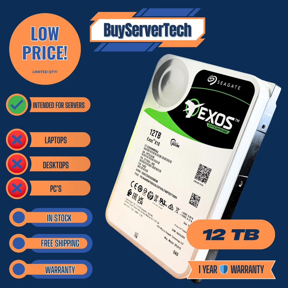 Seagate 12TB Exos X18 7200RPM SAS 12Gb/s 3.5" HDD ST12000NM004J Enterprise Drive - Image 2 of 3