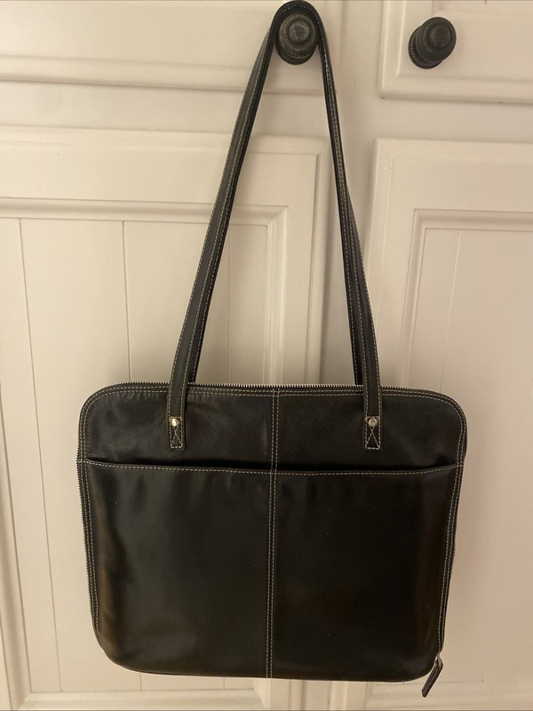 Latico Laptop Shoulder Bag, Smooth Genuine Black Leather , White Stitching, Zips