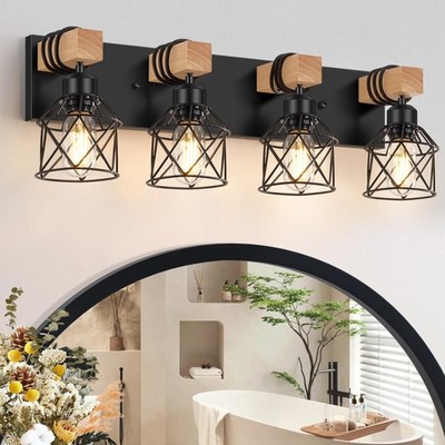 FadimiKoo 4-Light Rustic Style Wood Bathroom Vanity Light Fixtures, Black Bat...