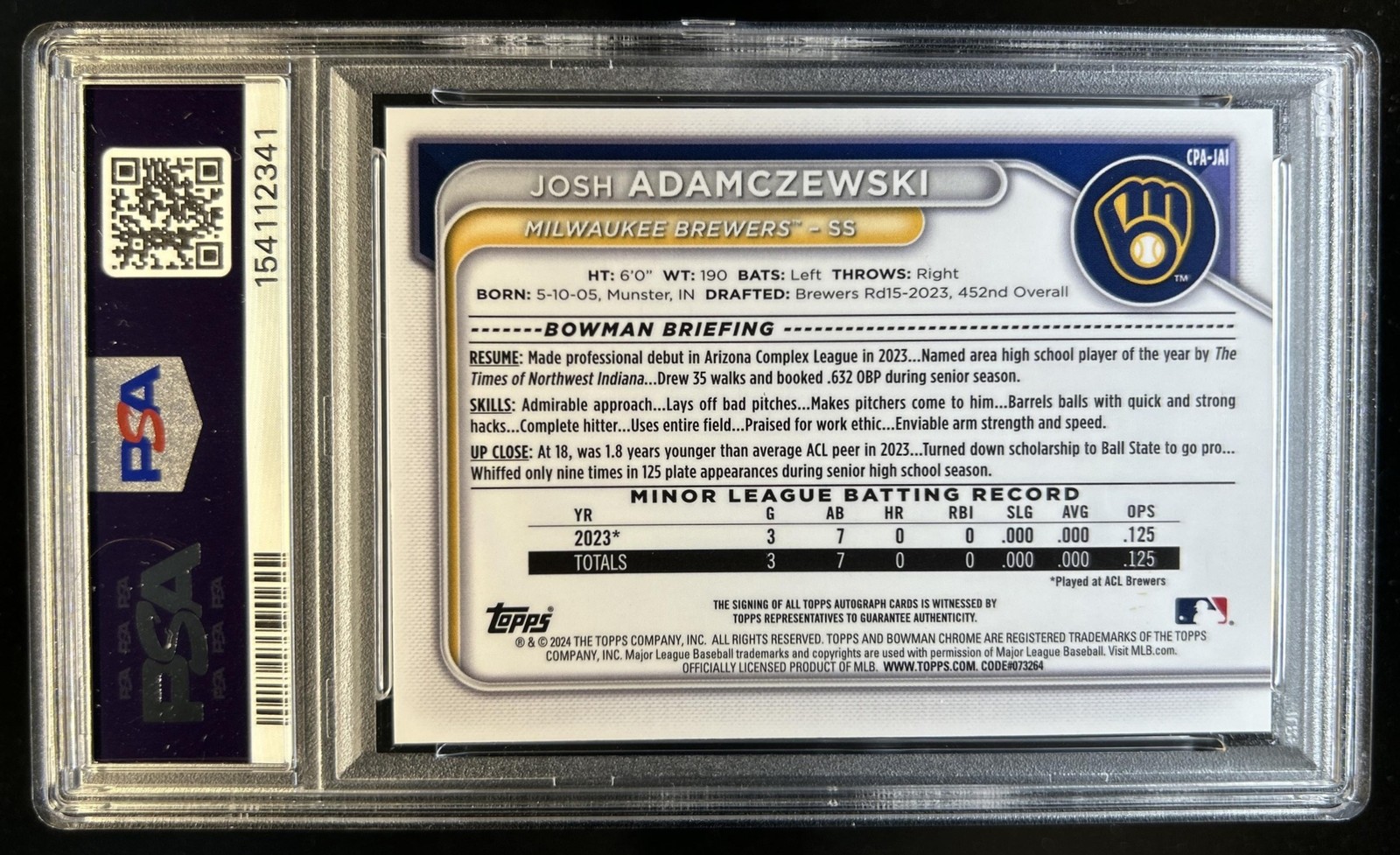 2024 Bowman Chrome Josh Adamczewski Auto Speckle Refractor 1st #/299 PSA 9 view 2