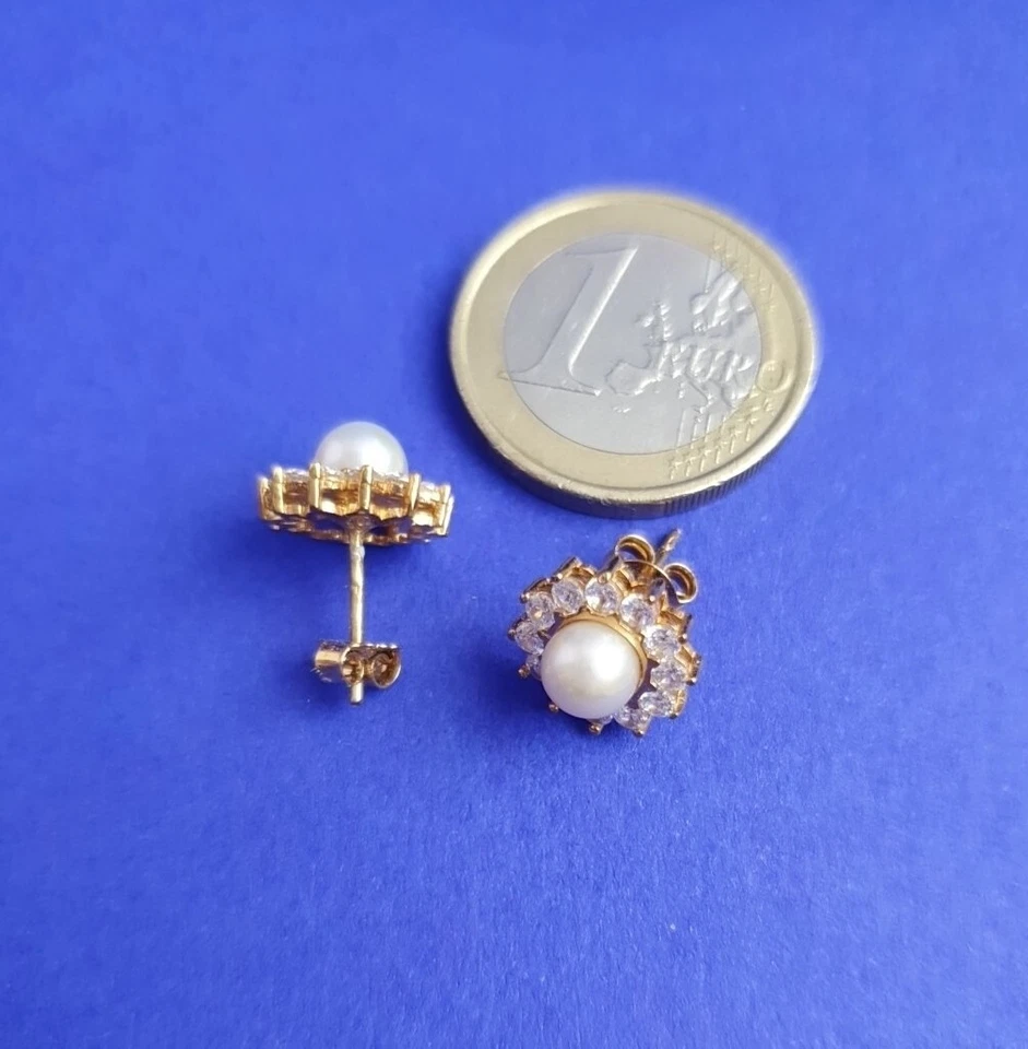 375 Gelb Gold Ohrstecker Daisy Blume Perle Funkelnde Zirkonia Entourage - Bild 4 von 4