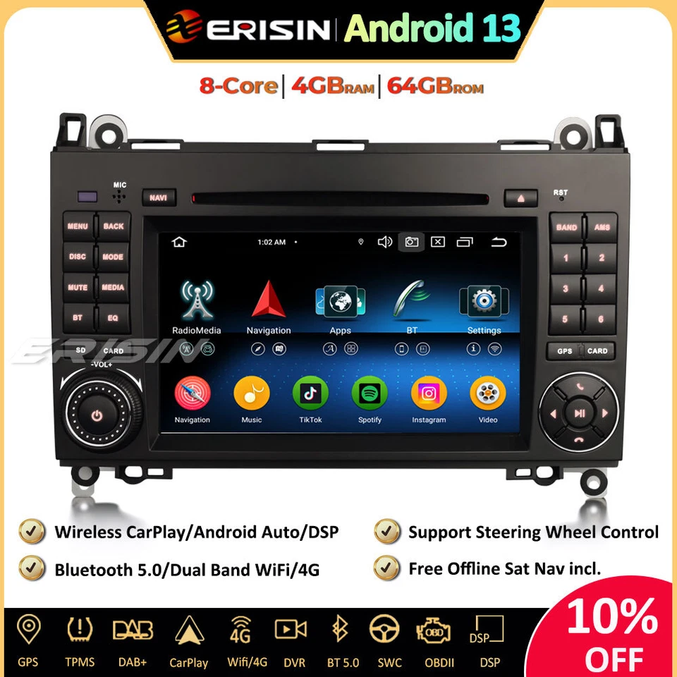 Android 13 Car Stereo GPS Mercedes A/B Class W169 W245 Sprinter Viano VW Crafter