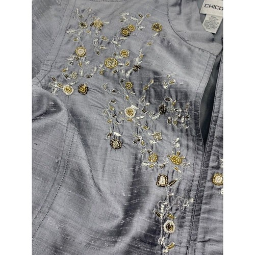 Chico's LS Open Front Lined Silk Cardigan/Jacket Gray Beaded Embroidered 1/Med - Picture 6 of 7