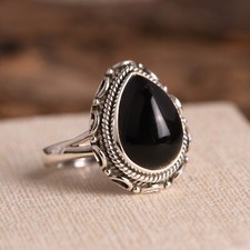 Pure 925 Silver Women Antique Ring Natural Black Onyx Elegant Fine Jewelry Gift