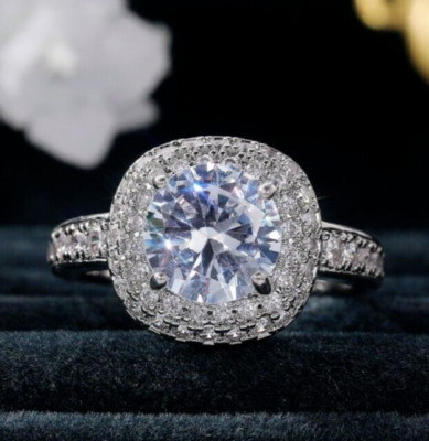 Delicate Double Halo Wedding Ring 2.18CT CZ Women Promise Band 925 Silver Plated