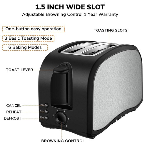 2 Slice Toaster with 6 Baking Modes Removable Crumb Tray 1.5" Toaster Slots - Picture 4 of 6
