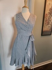 Cherie Gray n White  Striped Wrapped Sundress Junior Size Lge See Measurements